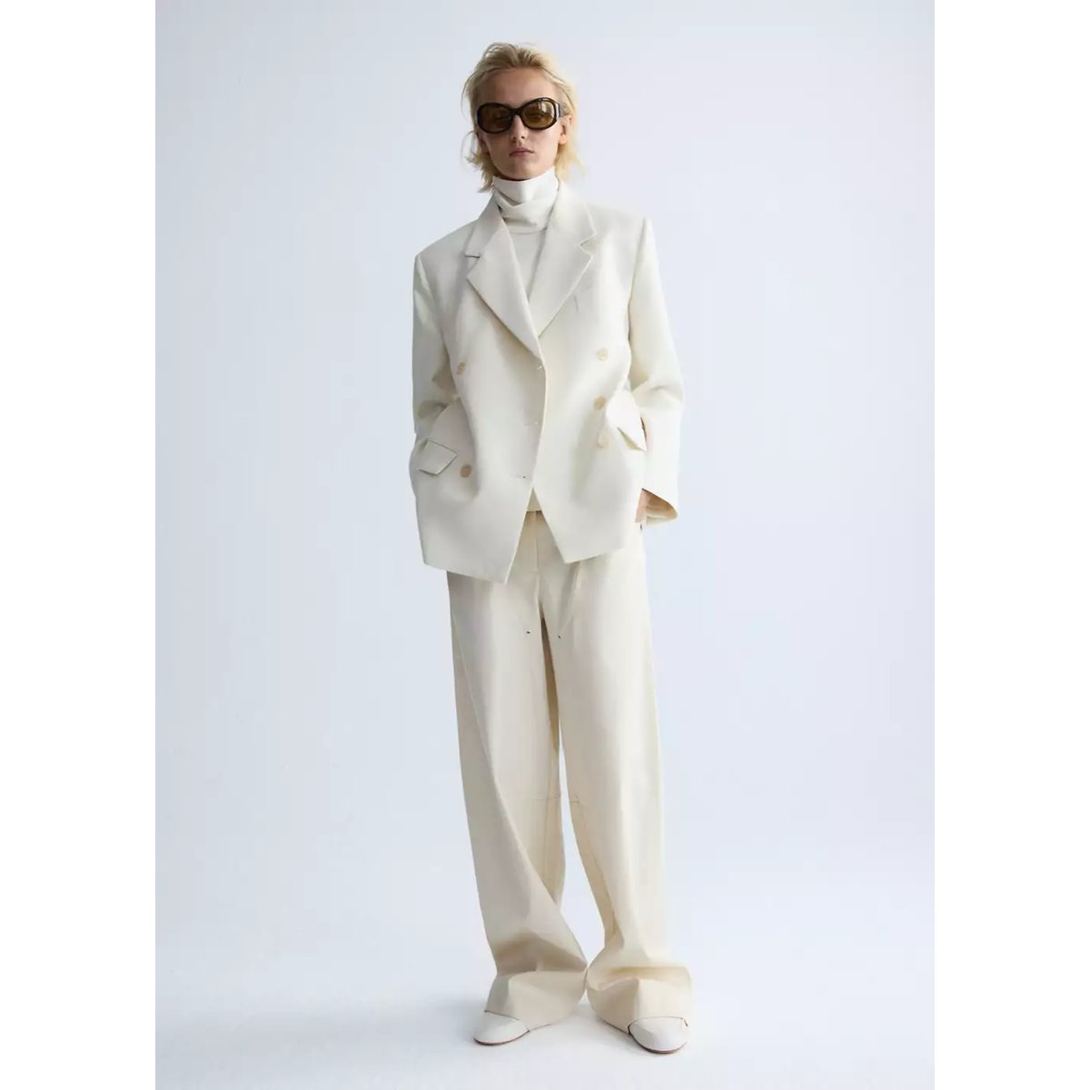 Blazer en laine double boutonnage écru, MANGO