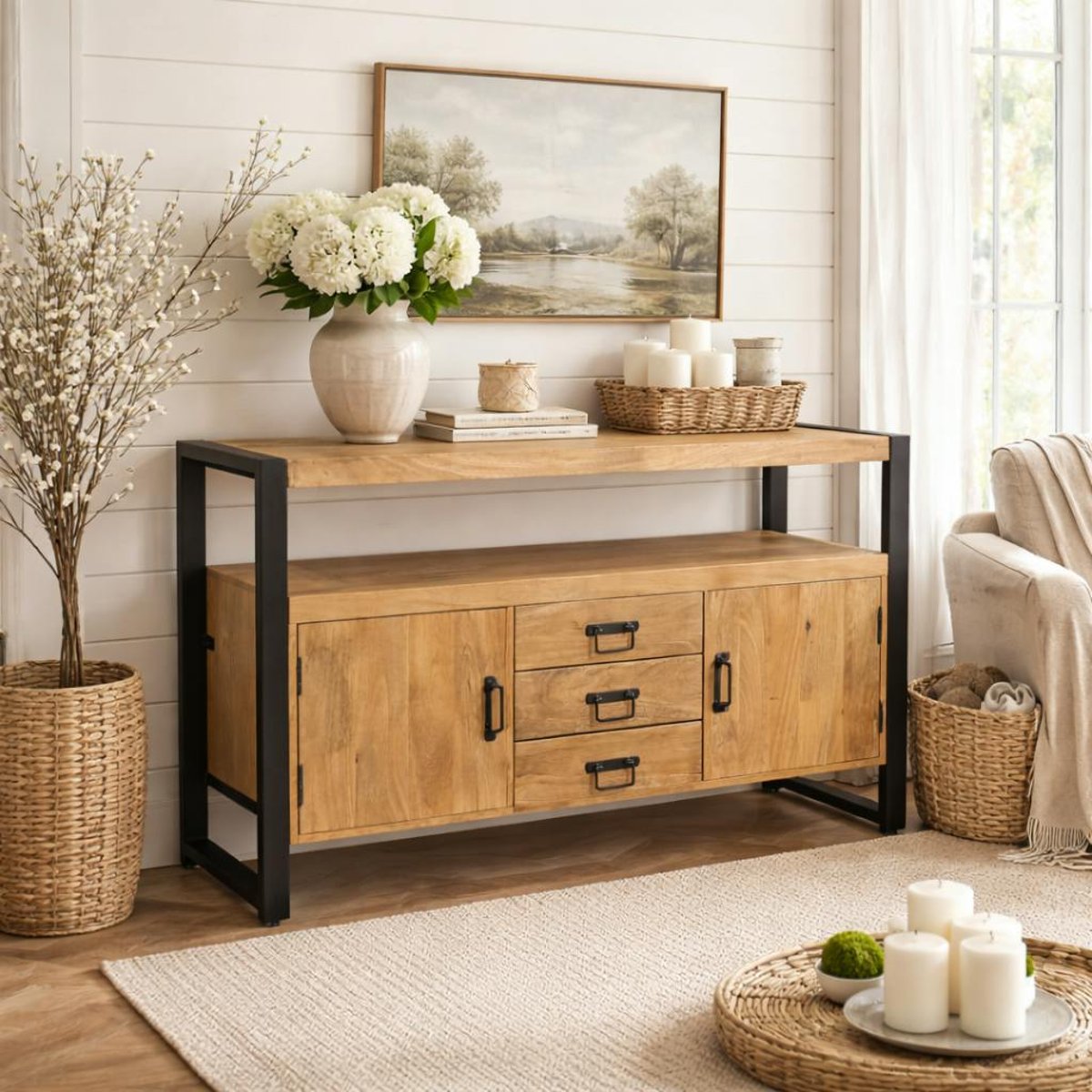 Buffet salon bois clair métal noir 2 portes 3 tiroirs MILORA bois naturel, PIER IMPORT