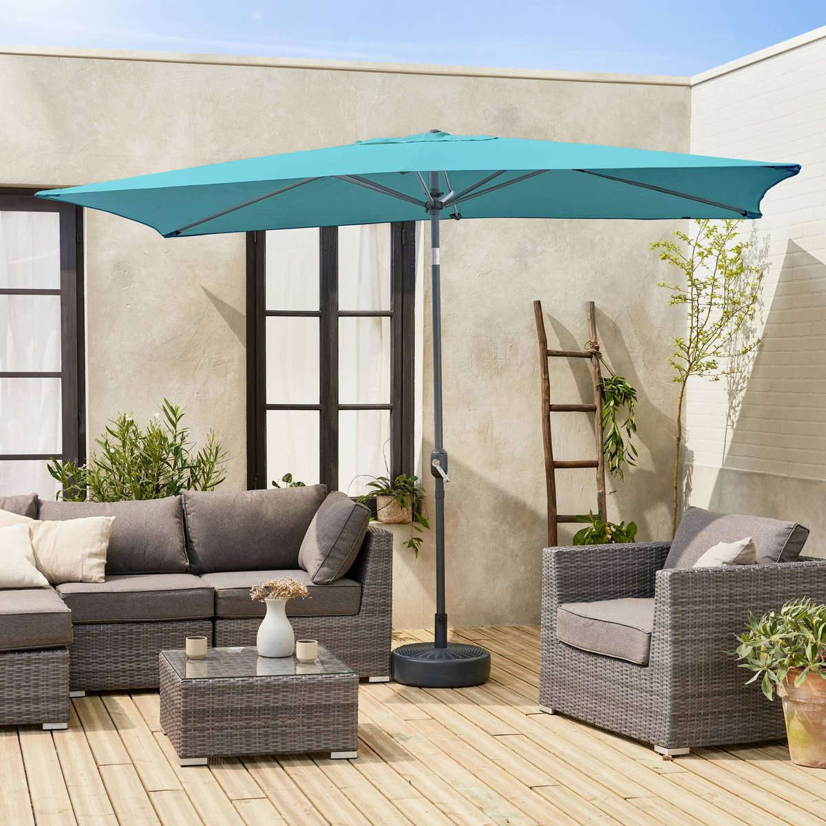 Parasol mât central rectangulaire 2x3m, mât effet bois TOUQUET turquoise, SWEEEK