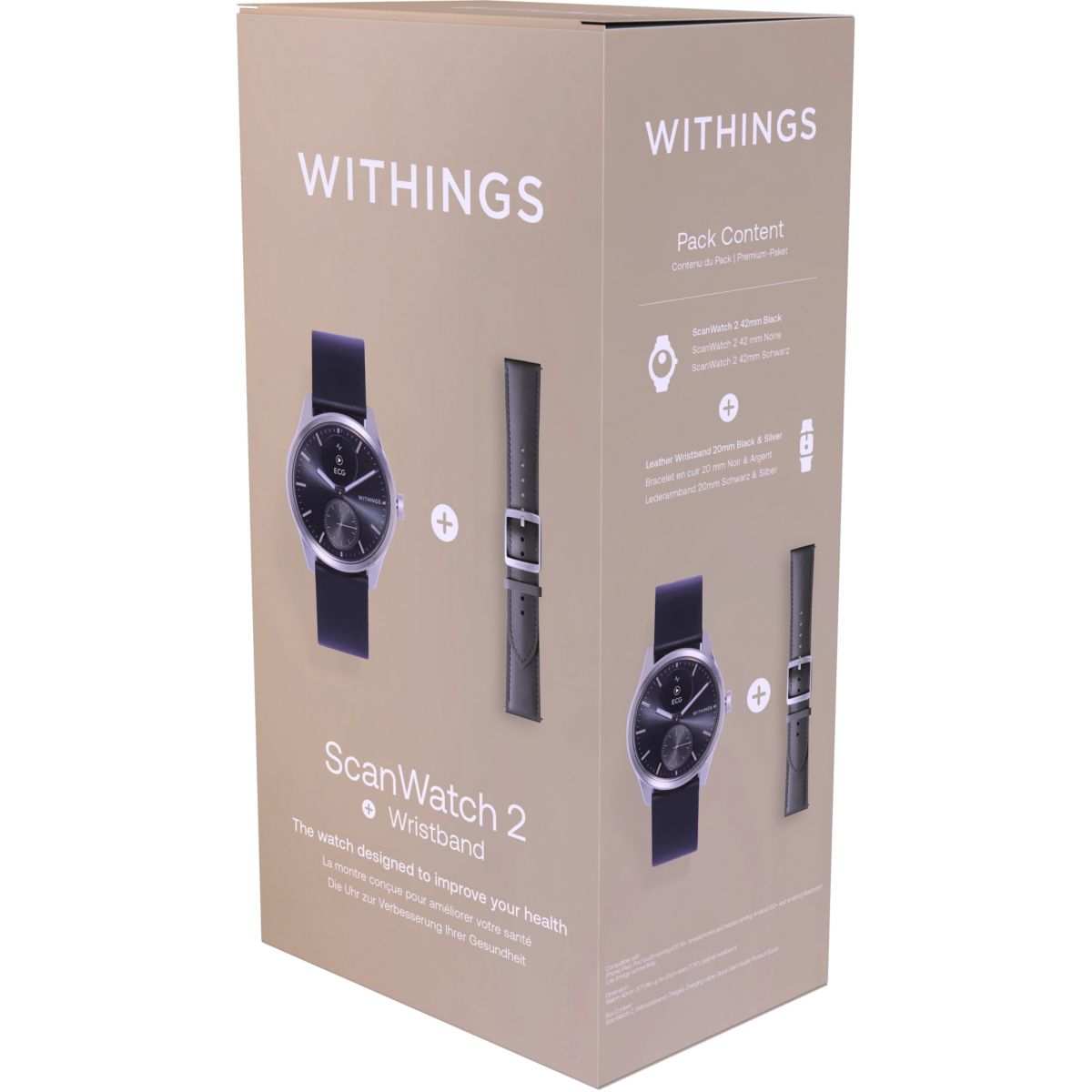 Montre santé Scanwatch 2 42mm Noire + bracelet Cuir offert couleur unique, WITHINGS