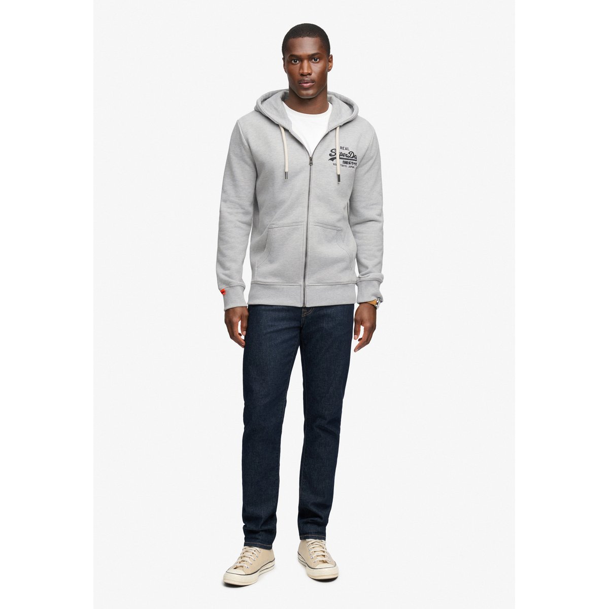 Sweat à capuche zippé et brodé Vintage Logo gris moyen chiné, SUPERDRY