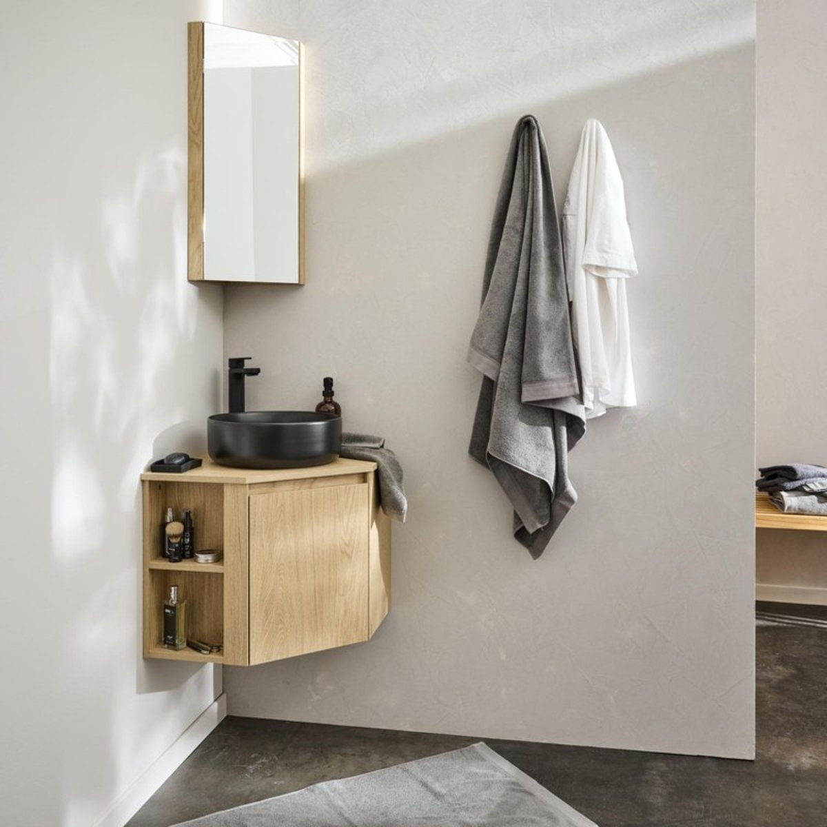 Meuble sous vasque d'angle avec vasque, robinet et armoire SORRENTO décor chêne, MOB IN