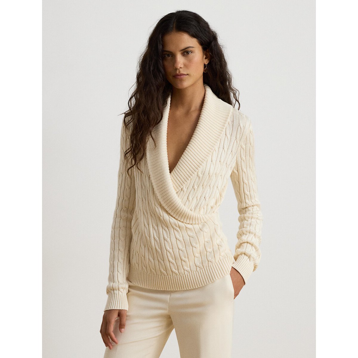 Pull croisé col V, torsadé crème, LAUREN RALPH LAUREN