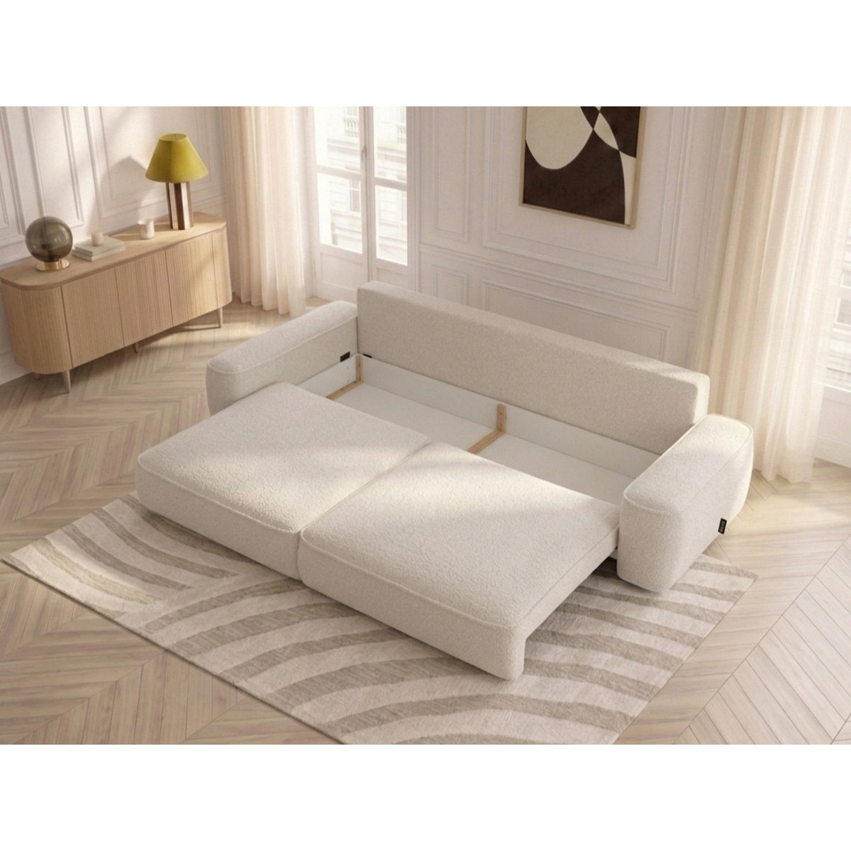 Canapé droit convertible 3 places en tissu chenille, HONORE blanc, BOBOCHIC