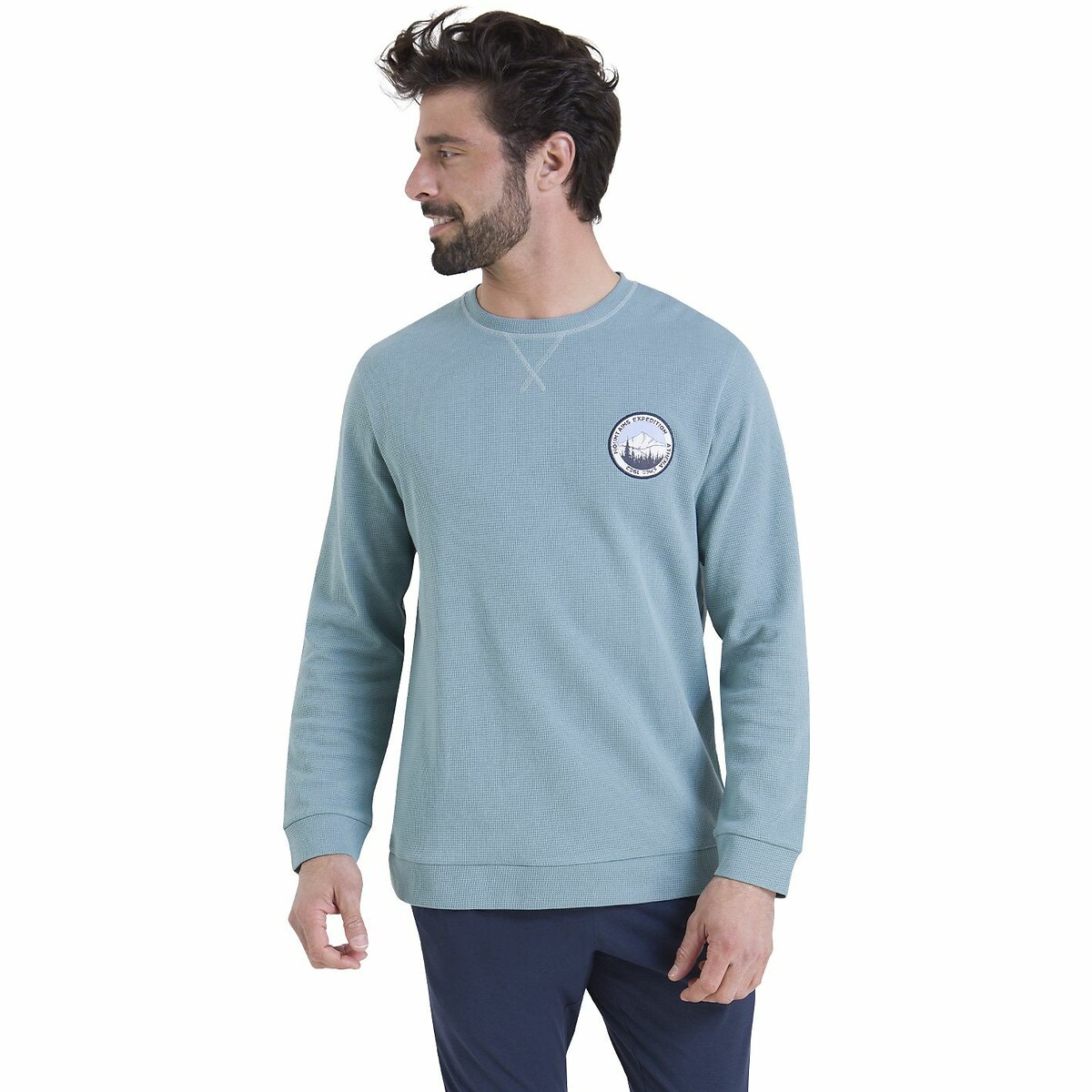 Embossed Cotton Pyjama Top with Embroidered Badge grey blue+navy blue, ATHENA