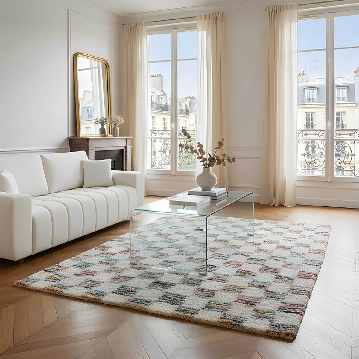 Tapis shaggy rectangulaire en polypropylène, CANDY blanc, OVIALA