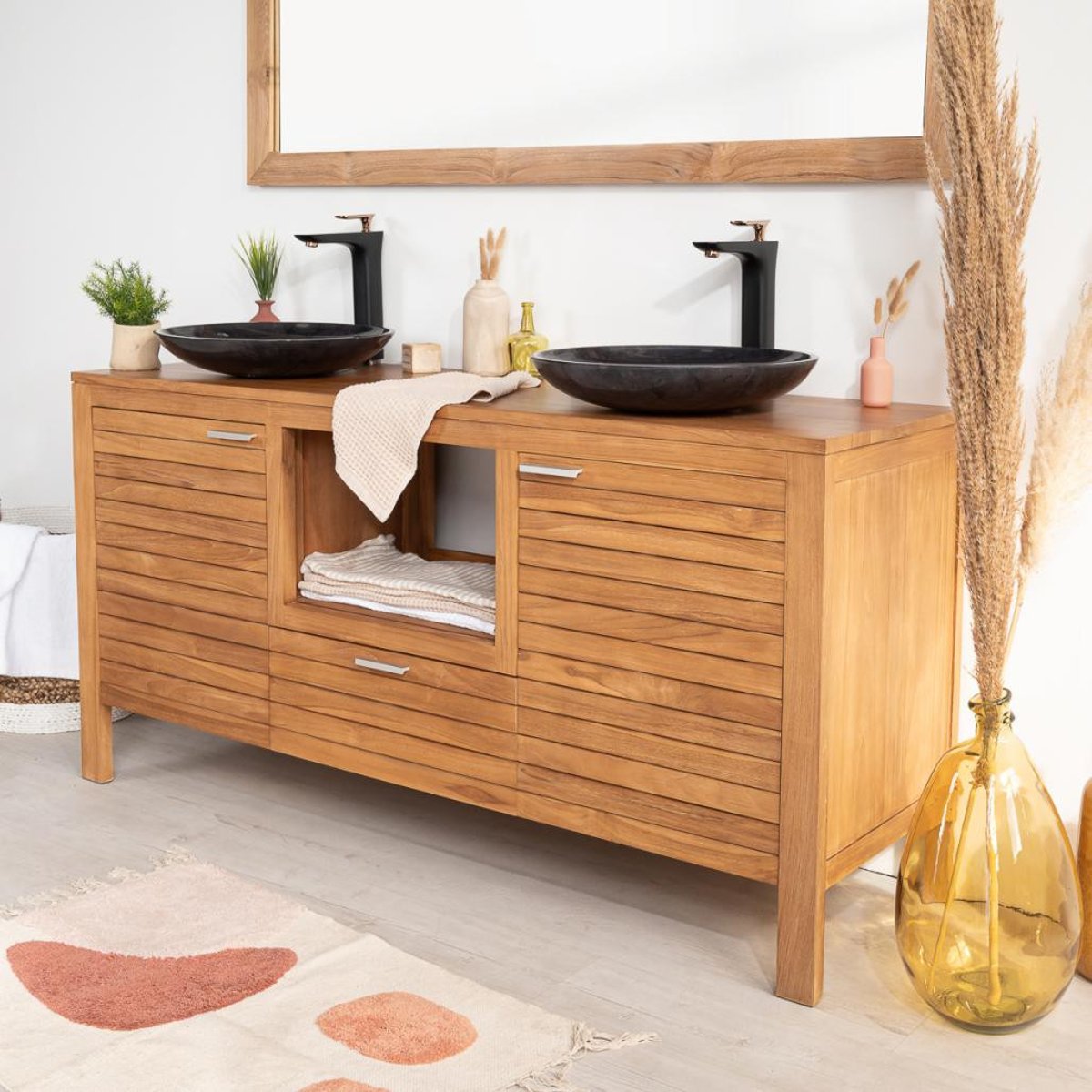 Meuble en teck rectangle sous vasque 160 COURCHEVEL naturel, WANDA COLLECTION