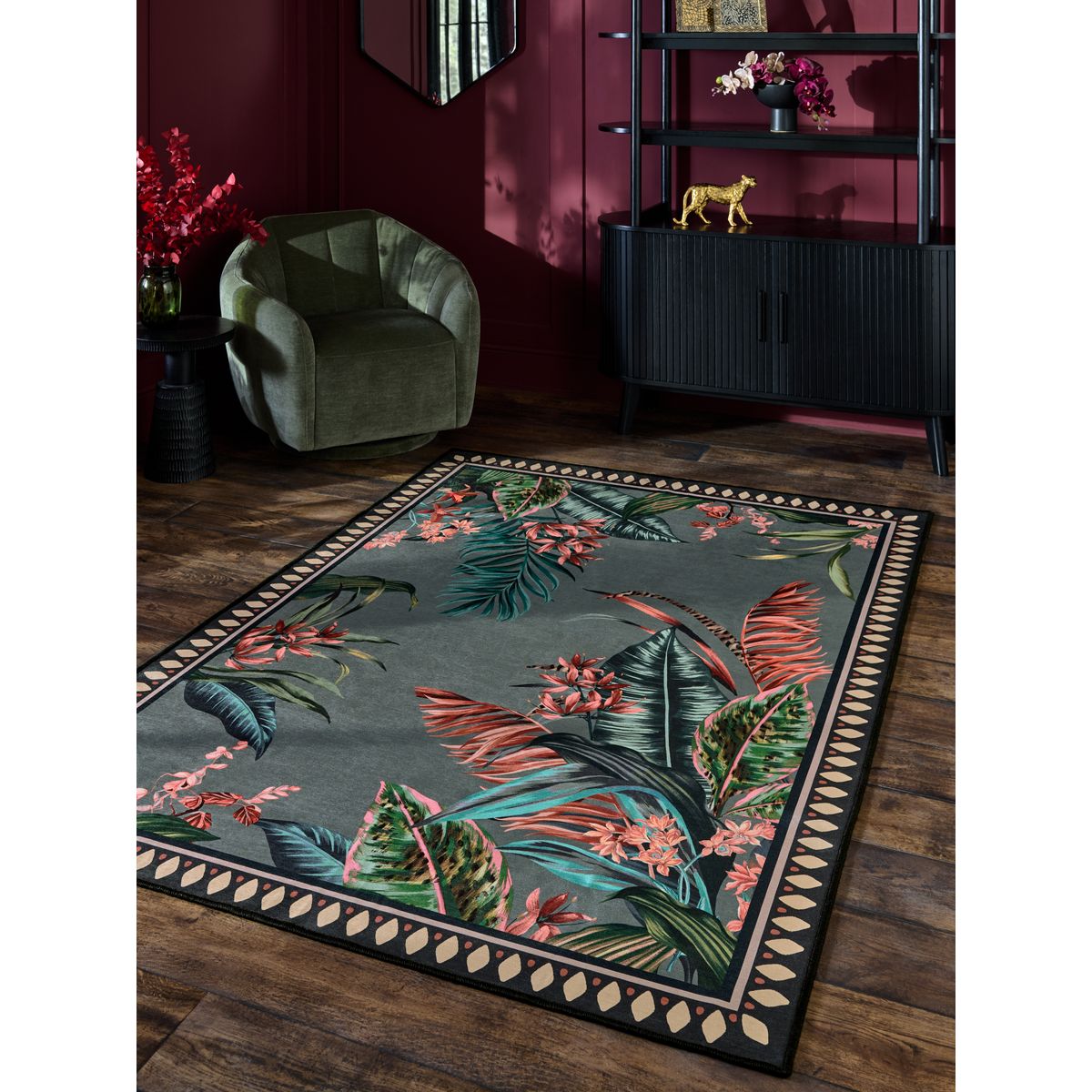 Tapis lavable à liseré tropical gris, NEXT
