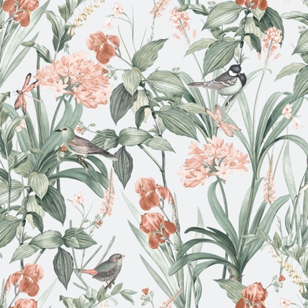 Papier peint jardin fleuri oiseaux fond bleu glacier vert, HEXOA