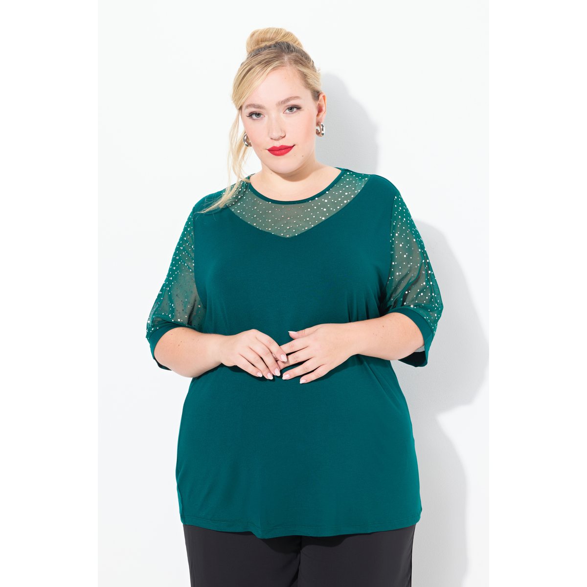 T-shirt à coupe Classic Fit. Voile en mesh vert foncé, ULLA POPKEN