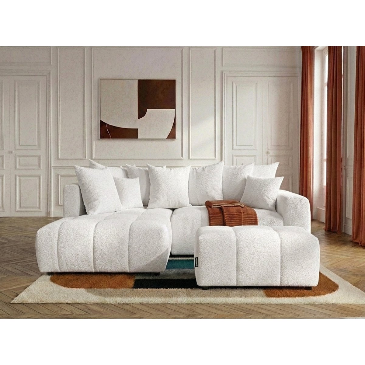 Canapé d'angle convertible 4 places en tissu bouclette avec pouf, ROXELANE blanc, BOBOCHIC