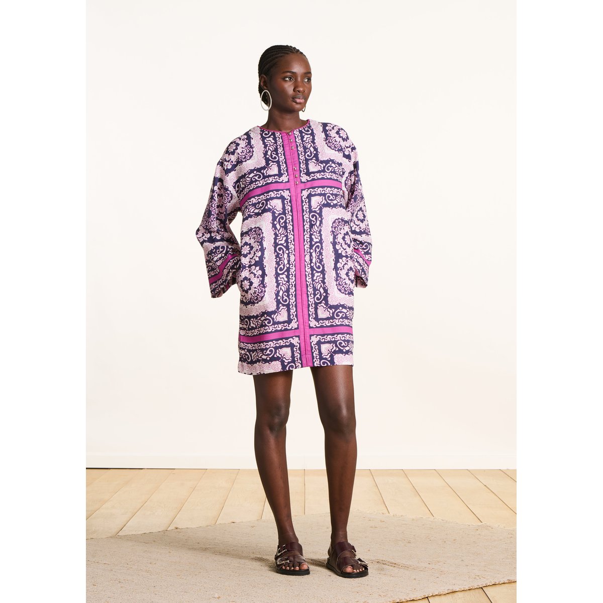 Robe courte droite à imprimé foulard en coton violet/fiesta, LA FEE MARABOUTEE