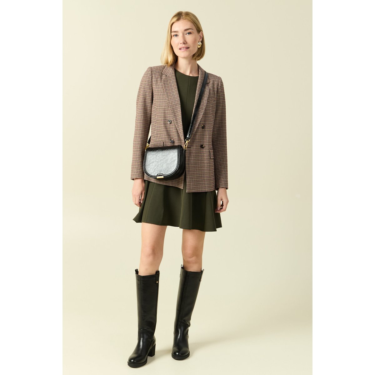 Robe fluide manches longues col rond vert kaki, BONOBO