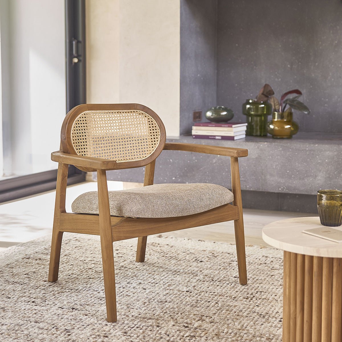 Table d'appoint en teck massif et marbre  COLINE blanc, BERAH GETAH