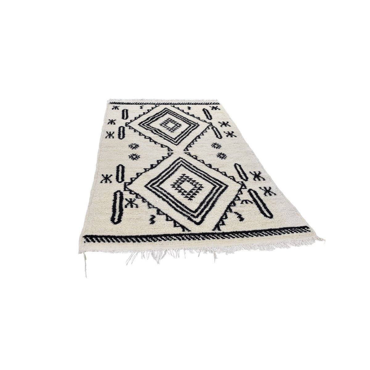 Tapis Beni Ourain noué main à franges laine blanc/noir, THEKO