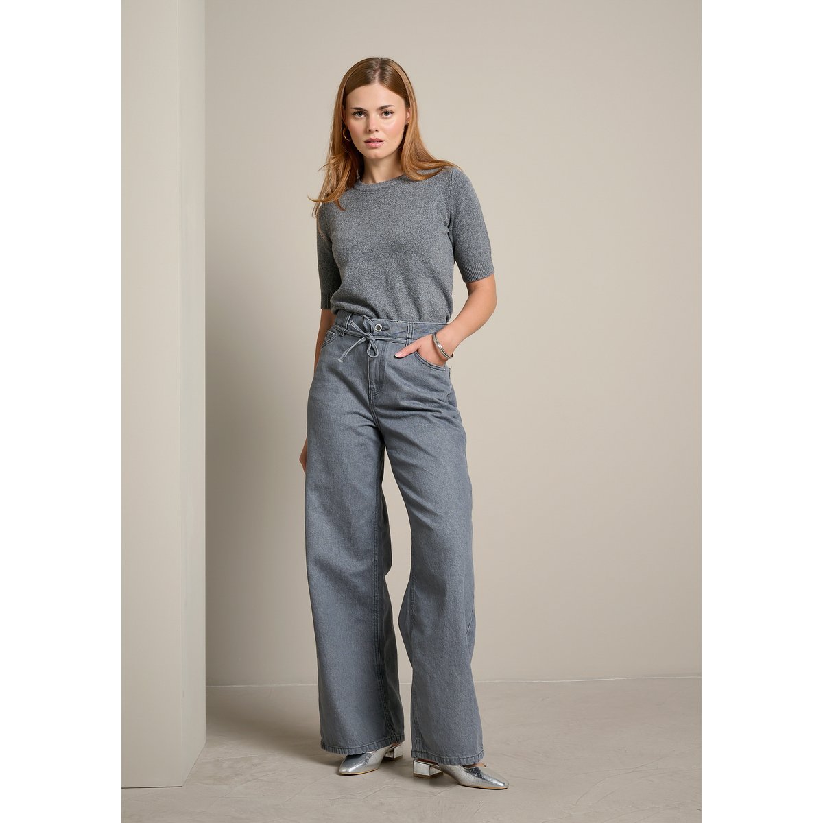 Jean large à taille nouée medium grey, LOLALIZA
