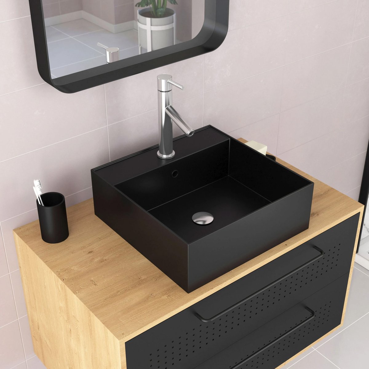 Set meuble de salle de bains avec vasque carrée noir, HOME MAISON