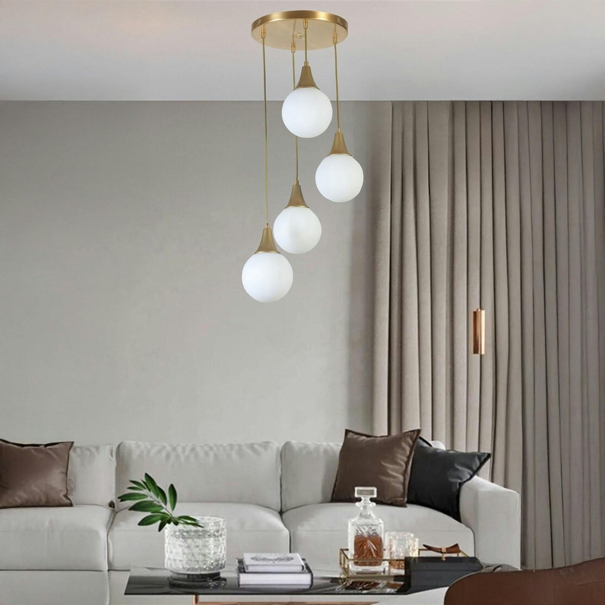 Suspension dorée moderne 4 globes SIERRE blanc, PIER IMPORT