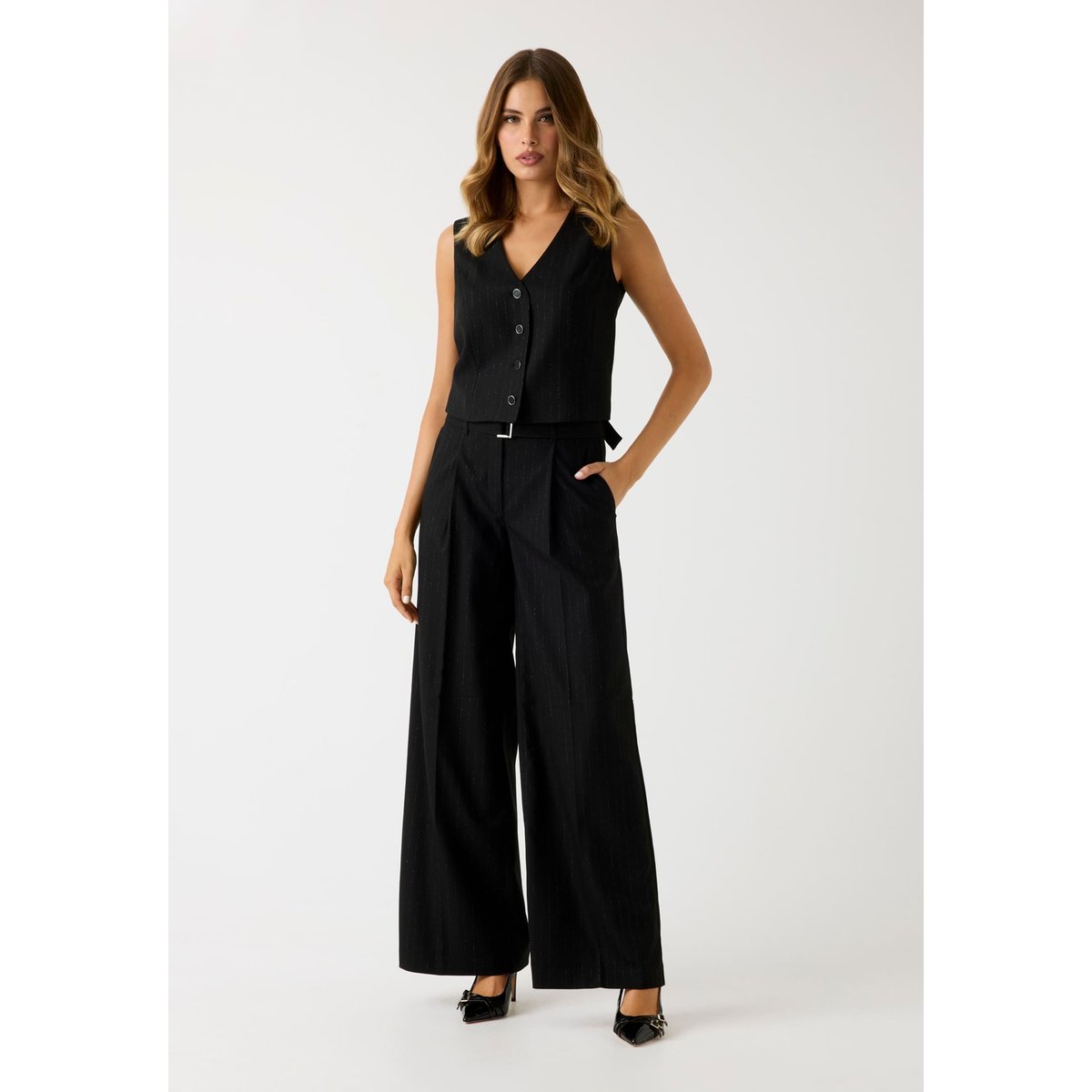 Pantalon Palazzo Fines Rayures noir, GUESS