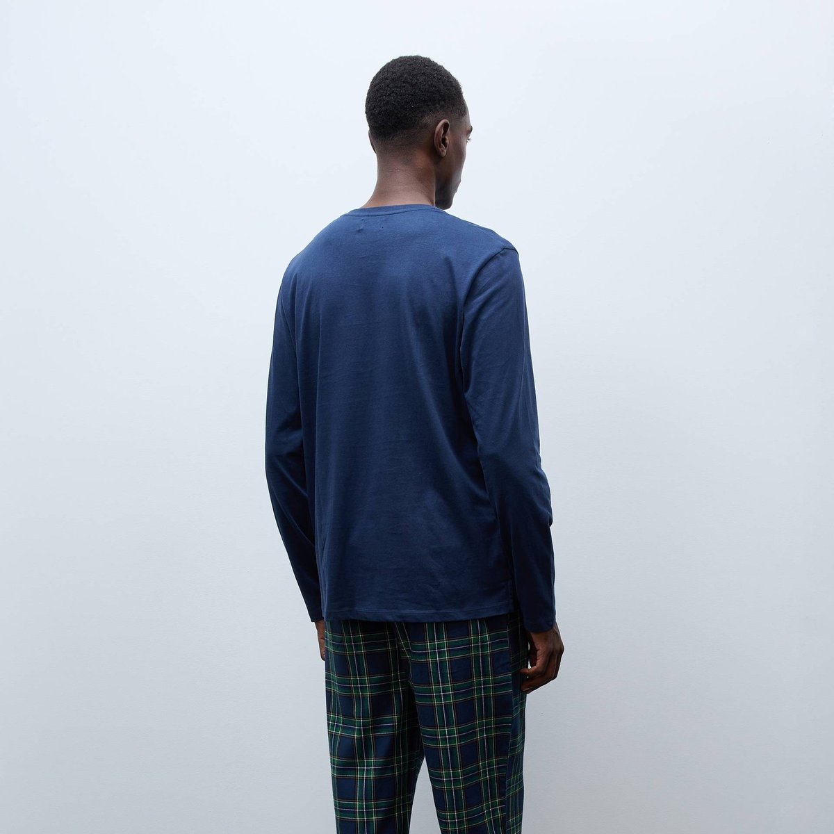 Pyjama manches longues en jersey et pantalon en flanelle en coton marine, MONOPRIX