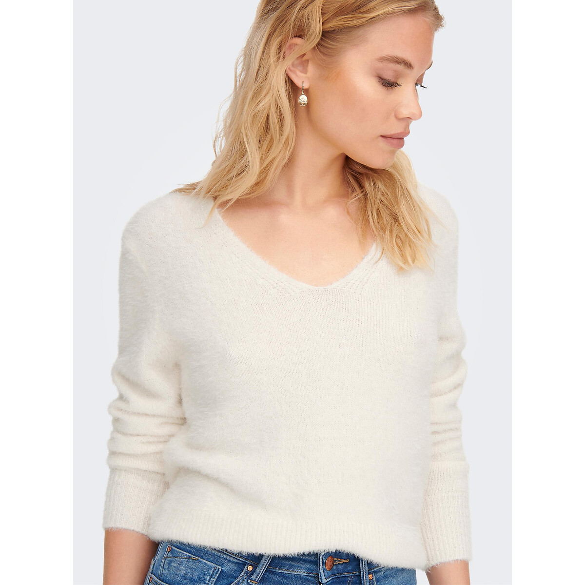 Pull col V, maille mousseuse blanc, ONLY