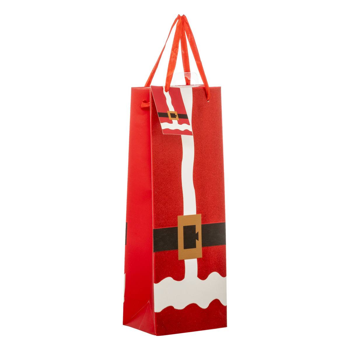 Sac cadeau imprimé taille bouteille tenue de Père Noël paillettes rouge rouge, ATMOSPHERA