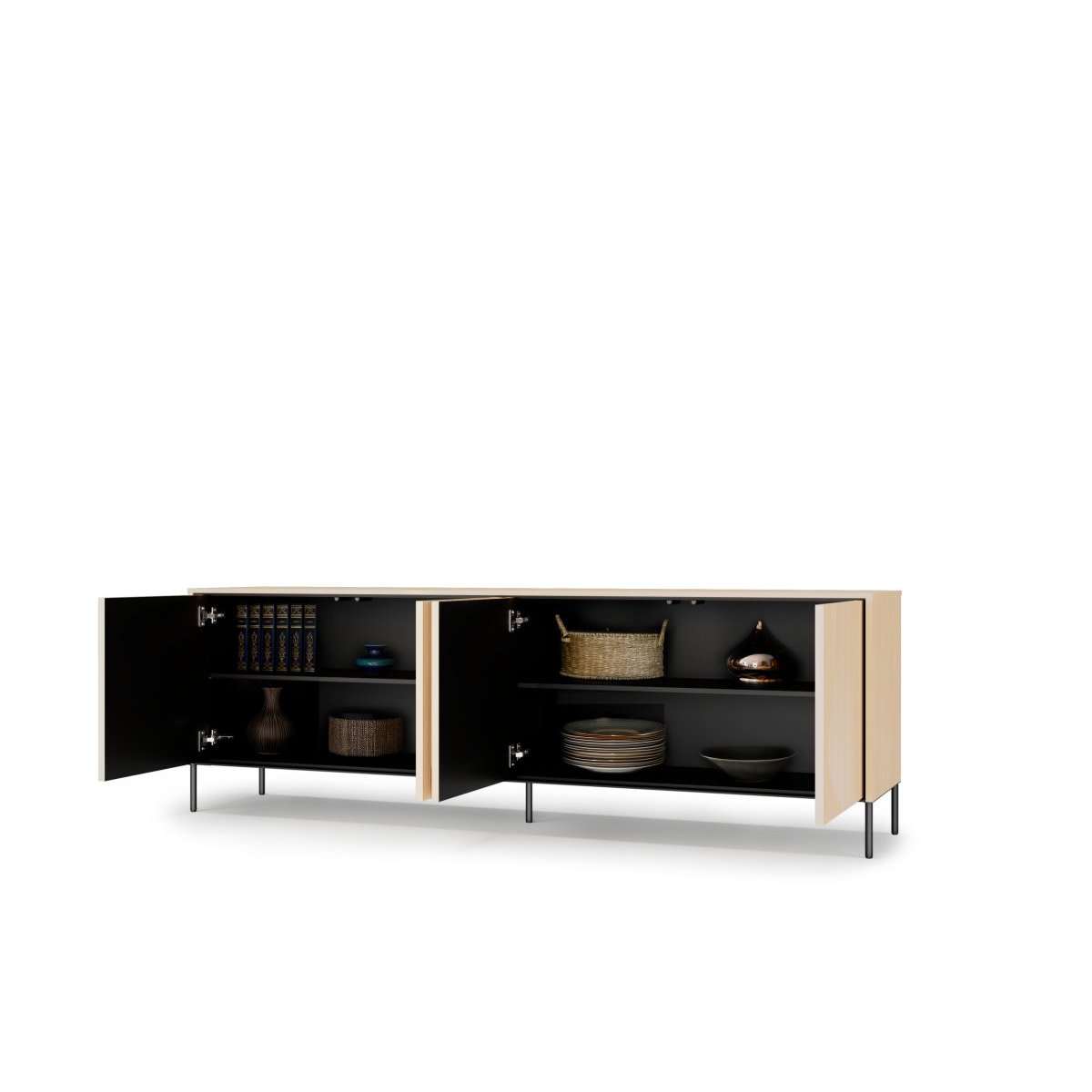 Buffet bas en panneaux de particules et MDF 4 portes 193 cm, FLORE noir et chêne, BOBOCHIC
