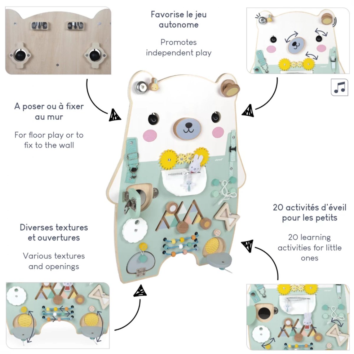 Panneau D'activités En Bois Busy Board Ourson blanc, JANOD