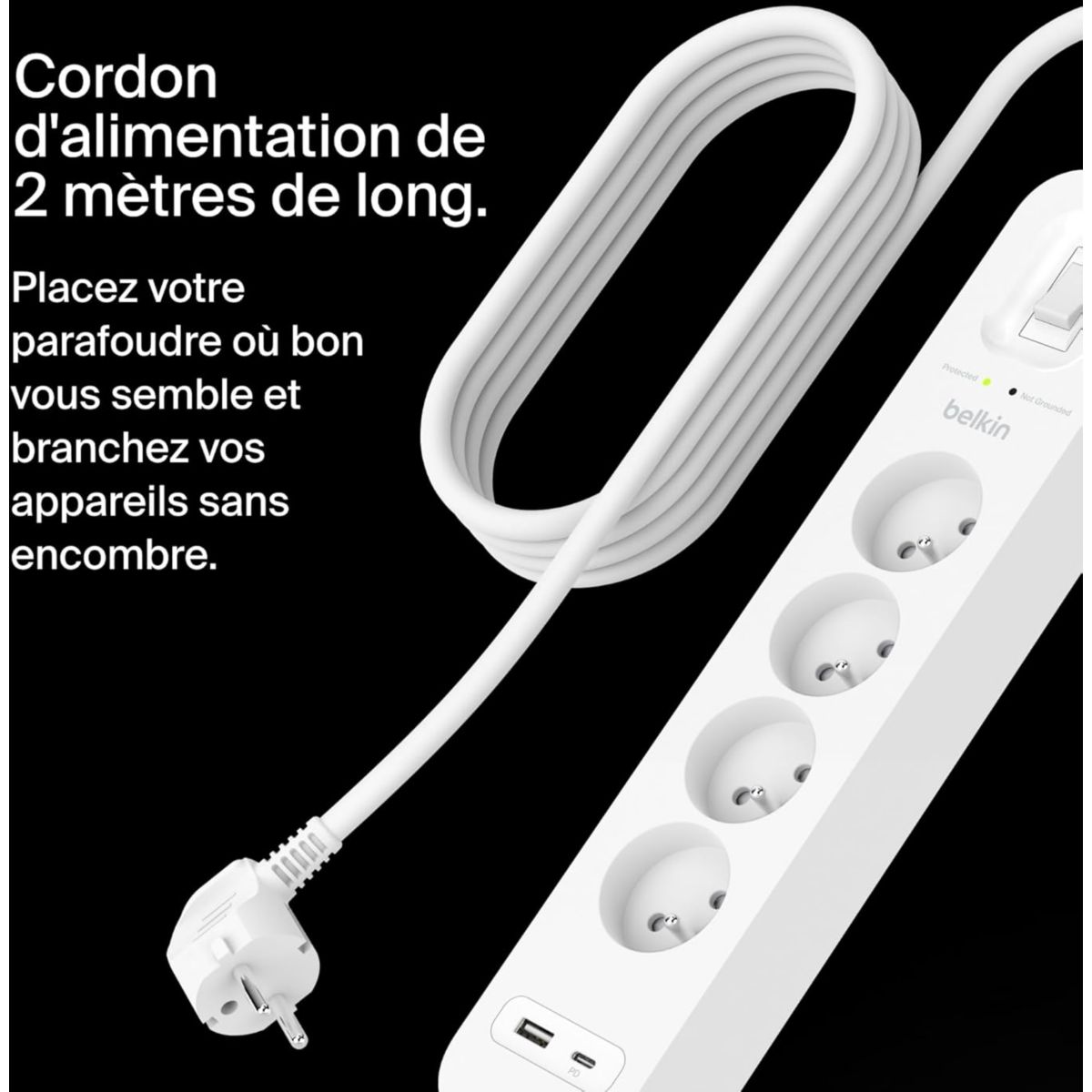 Multiprise 4 prises + USB-C et USB-A couleur unique, BELKIN