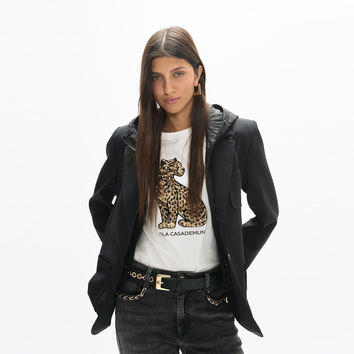 T-shirt à paillettes léopard et fentes latérales blanc, LOLA CASADEMUNT