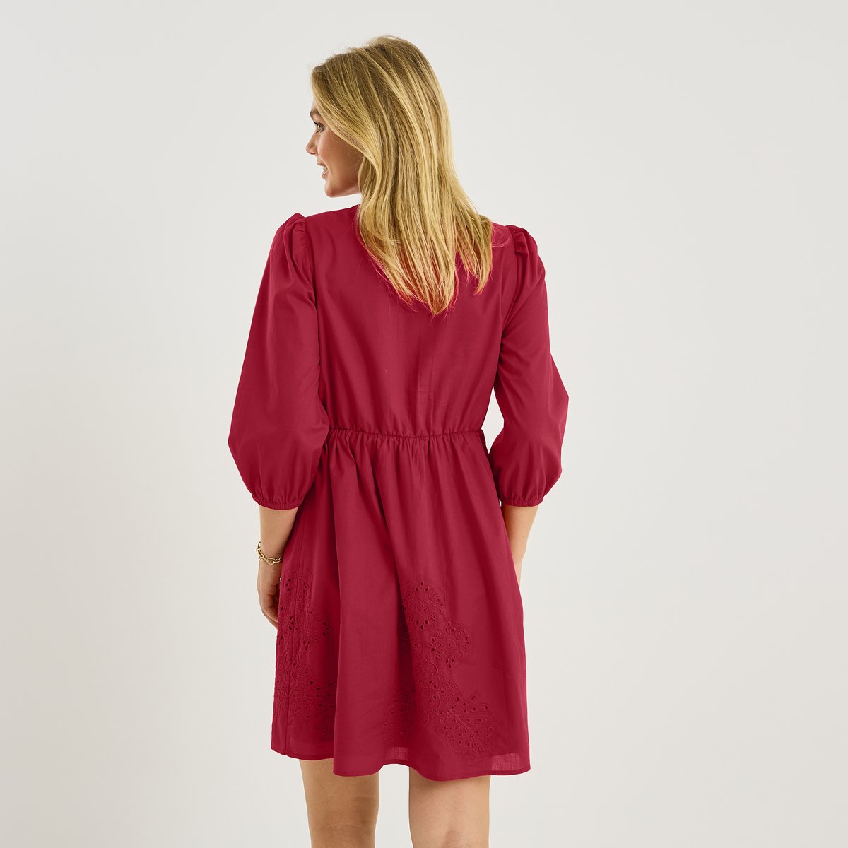 Robe courte broderie anglaise col V orange rouge, GRAIN DE MALICE