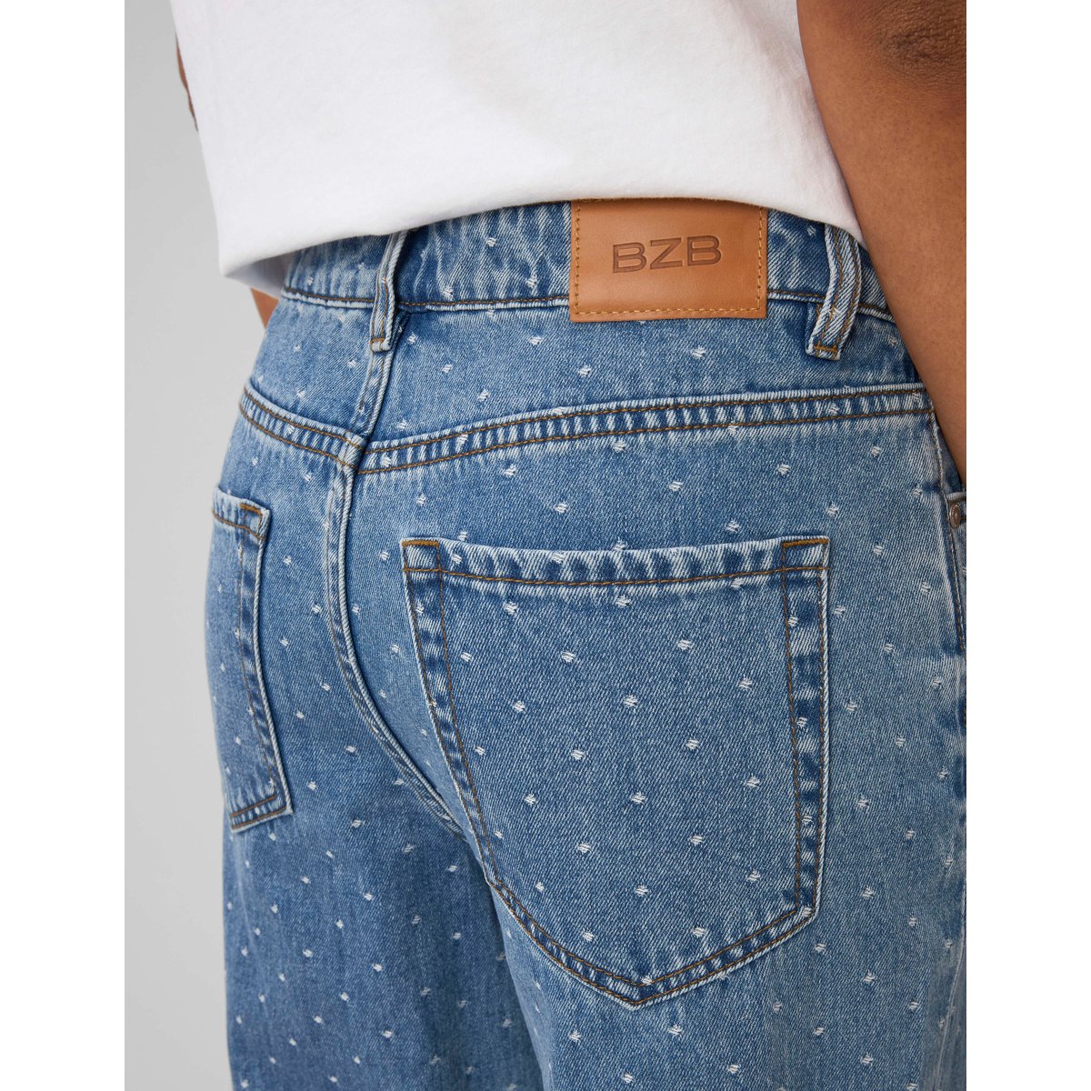 Jean straight brodé pois bleu moyen, BZB