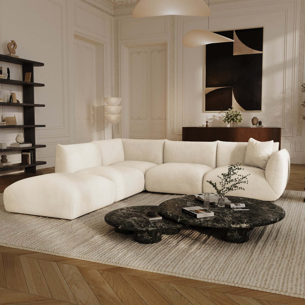 Canapé grand angle gauche modulable 7 places en velours chenillé NOOMA crème, SIA HOME