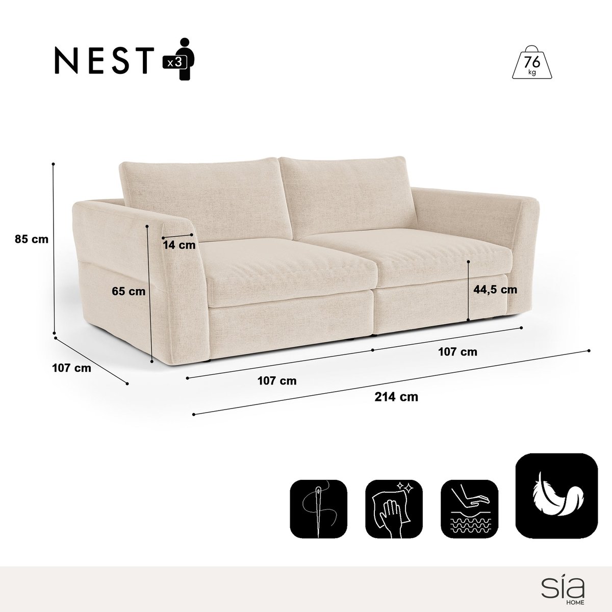 Canapé modulable 3 places en tissu tramé toucher doux NEST crème, SIA HOME