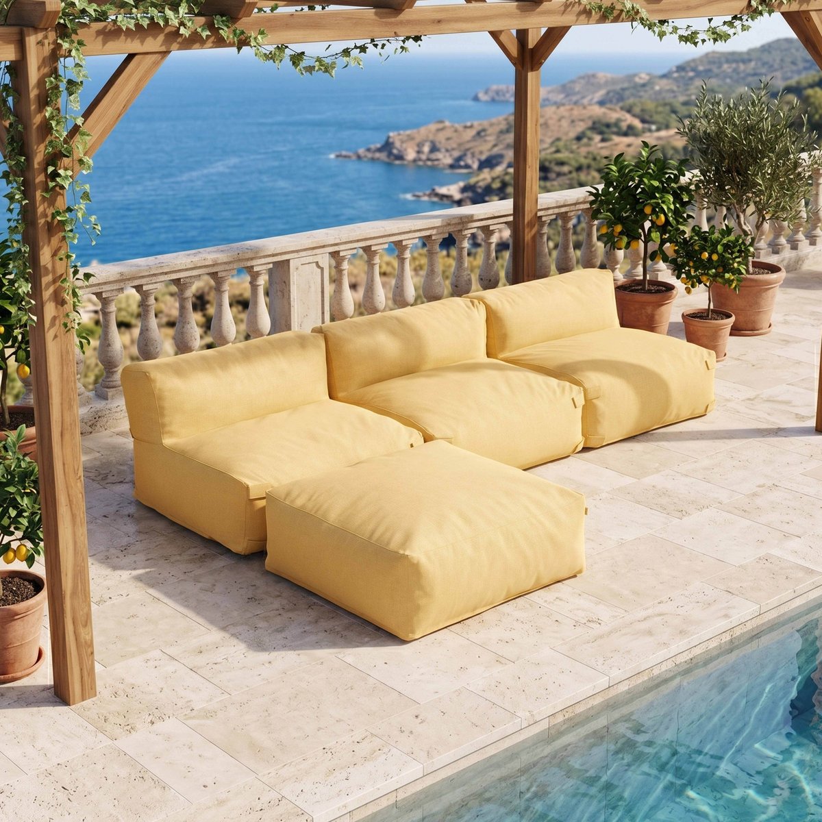 Canapé de jardin modulable avec 3 chauffeuses et 1 pouf, MIXI jaune clair, OVIALA