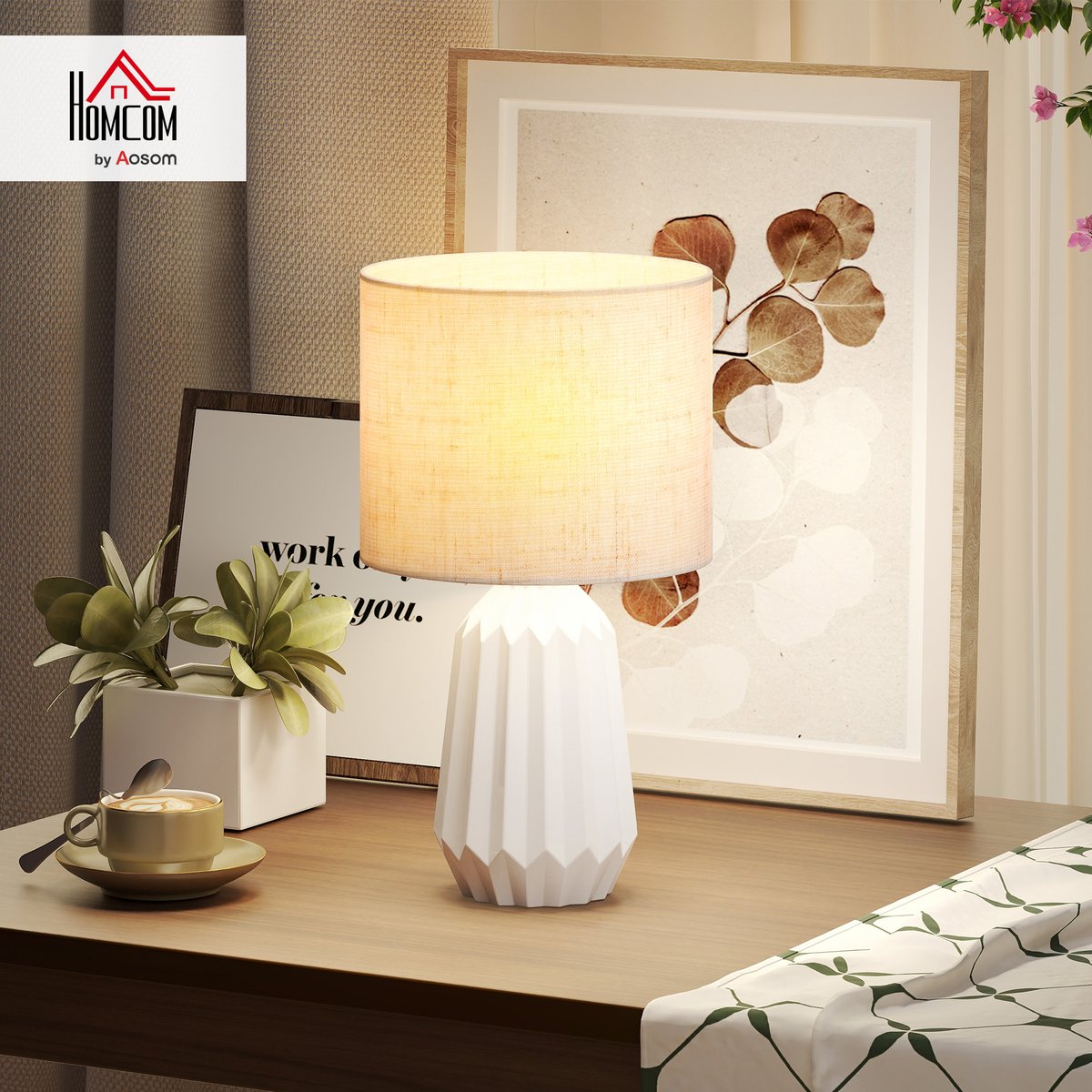 Lampe de table Céramique Blanc et Beige blanc et beige, HOMCOM