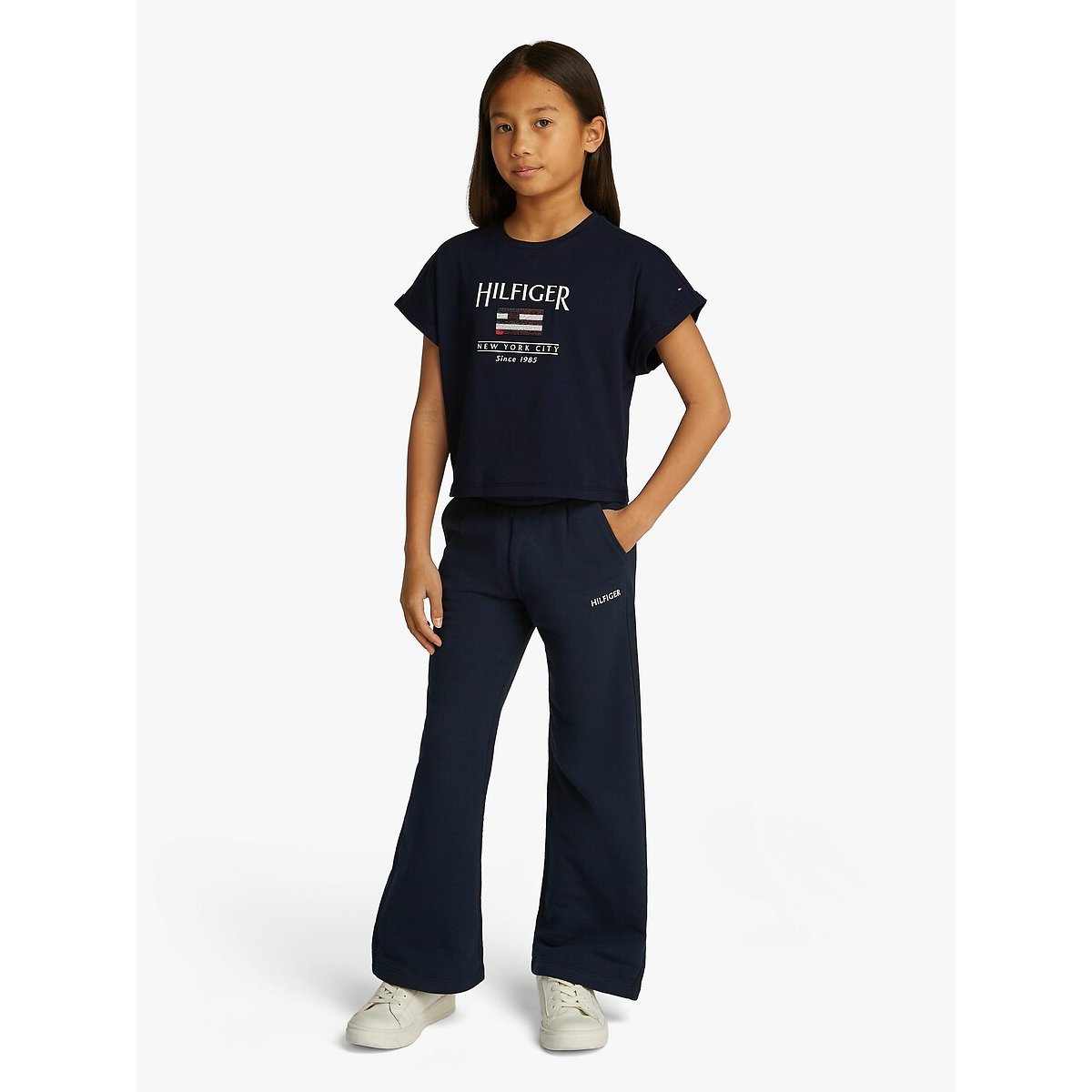 Short Sleeve T-Shirt with Sequin Logo navy blue, TOMMY HILFIGER