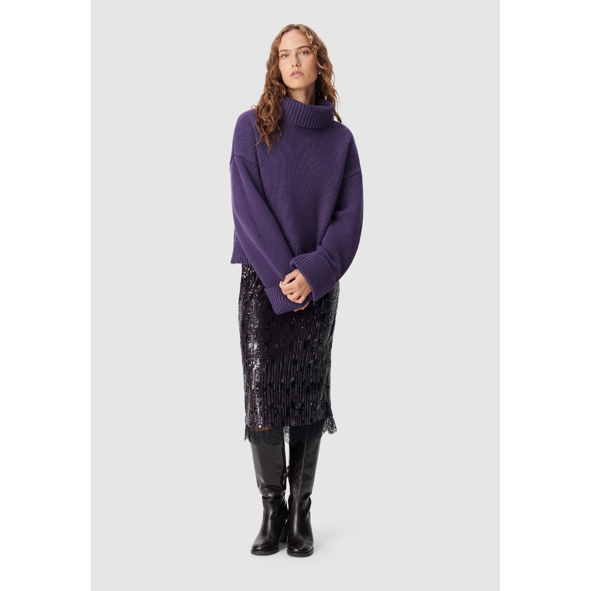 Pull tricot 100% laine maxi col roulé violet foncé, IKKS