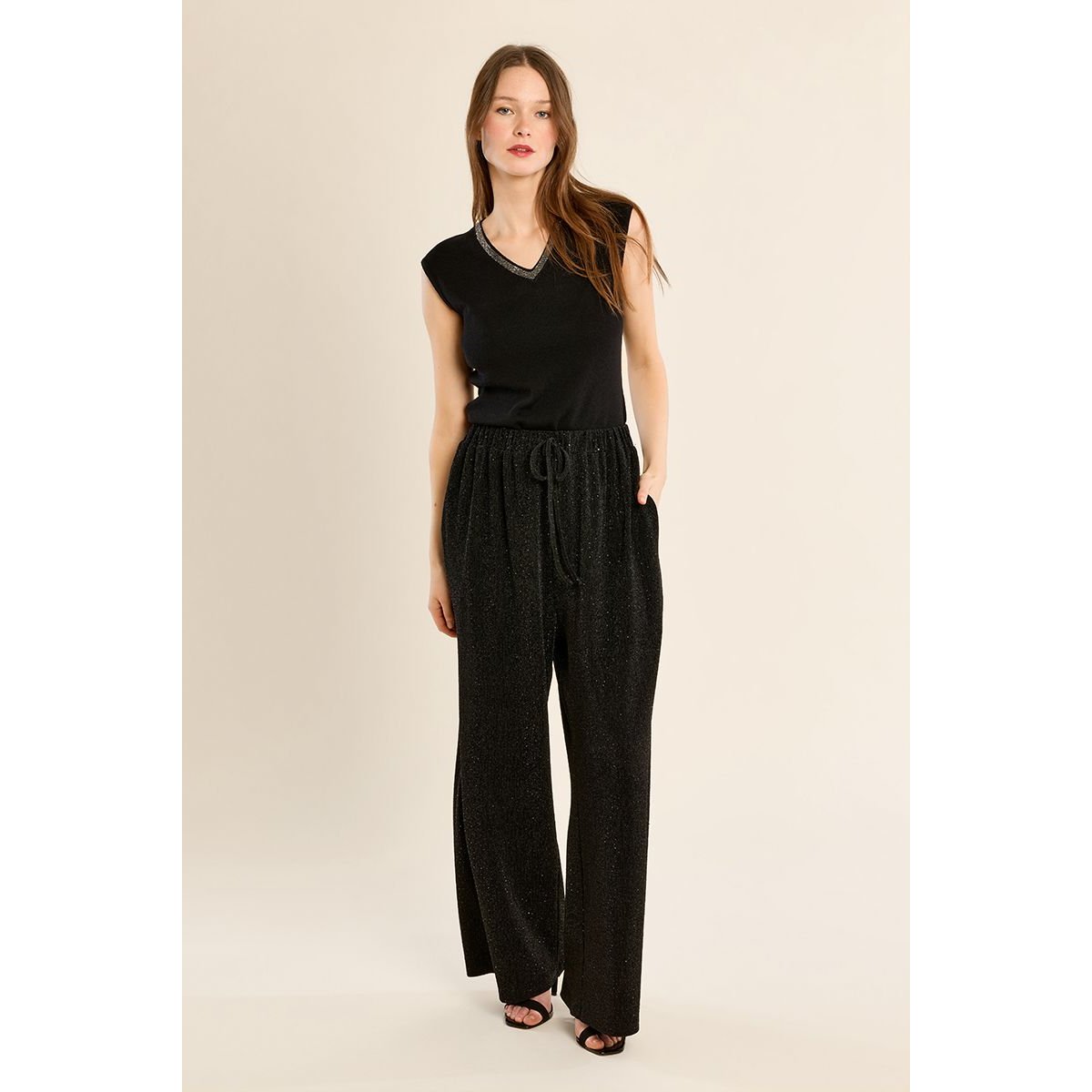 Pantalon évasé, à paillettes noir, MOLLY BRACKEN