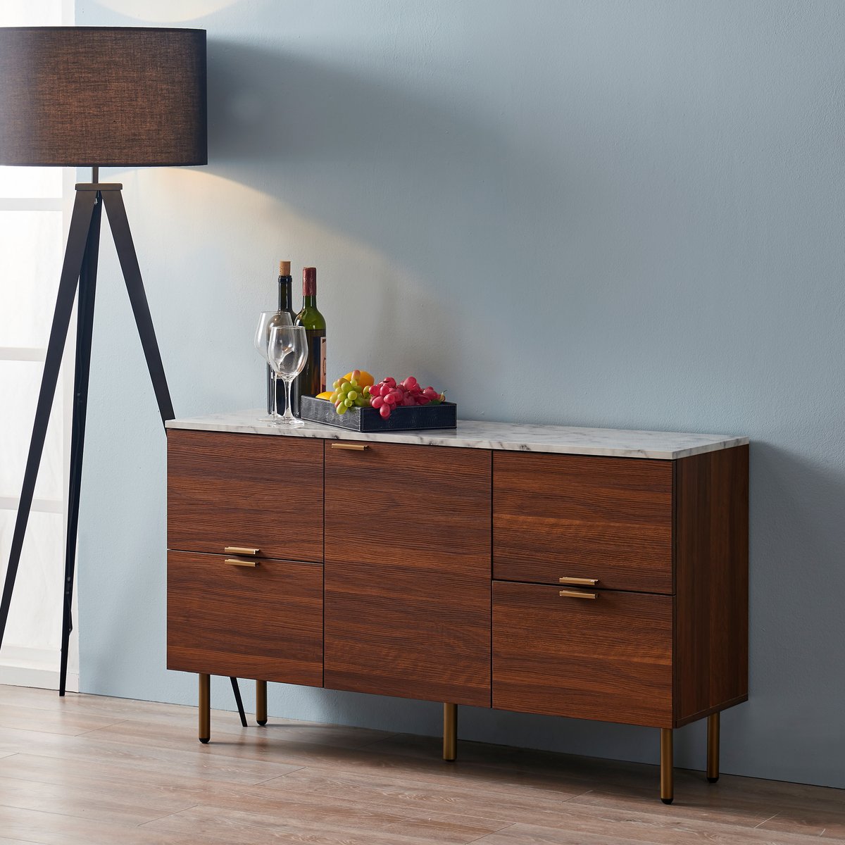 Grand buffet bas en bois effet marbre pour salon, Brun, ASHTON couleur unique, TEAMSON HOME