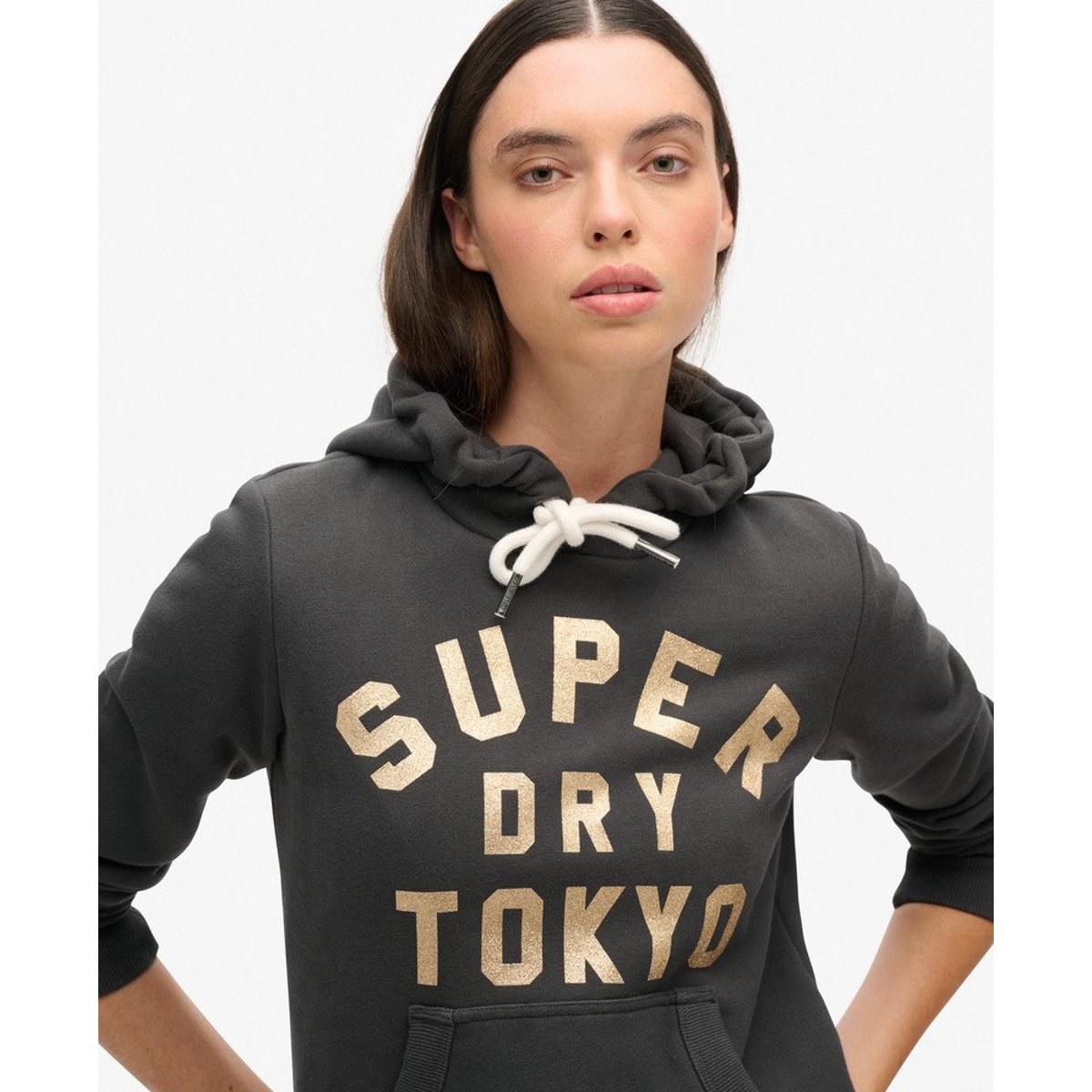 Sweat à capuche à logo pailleté noir délavé, SUPERDRY