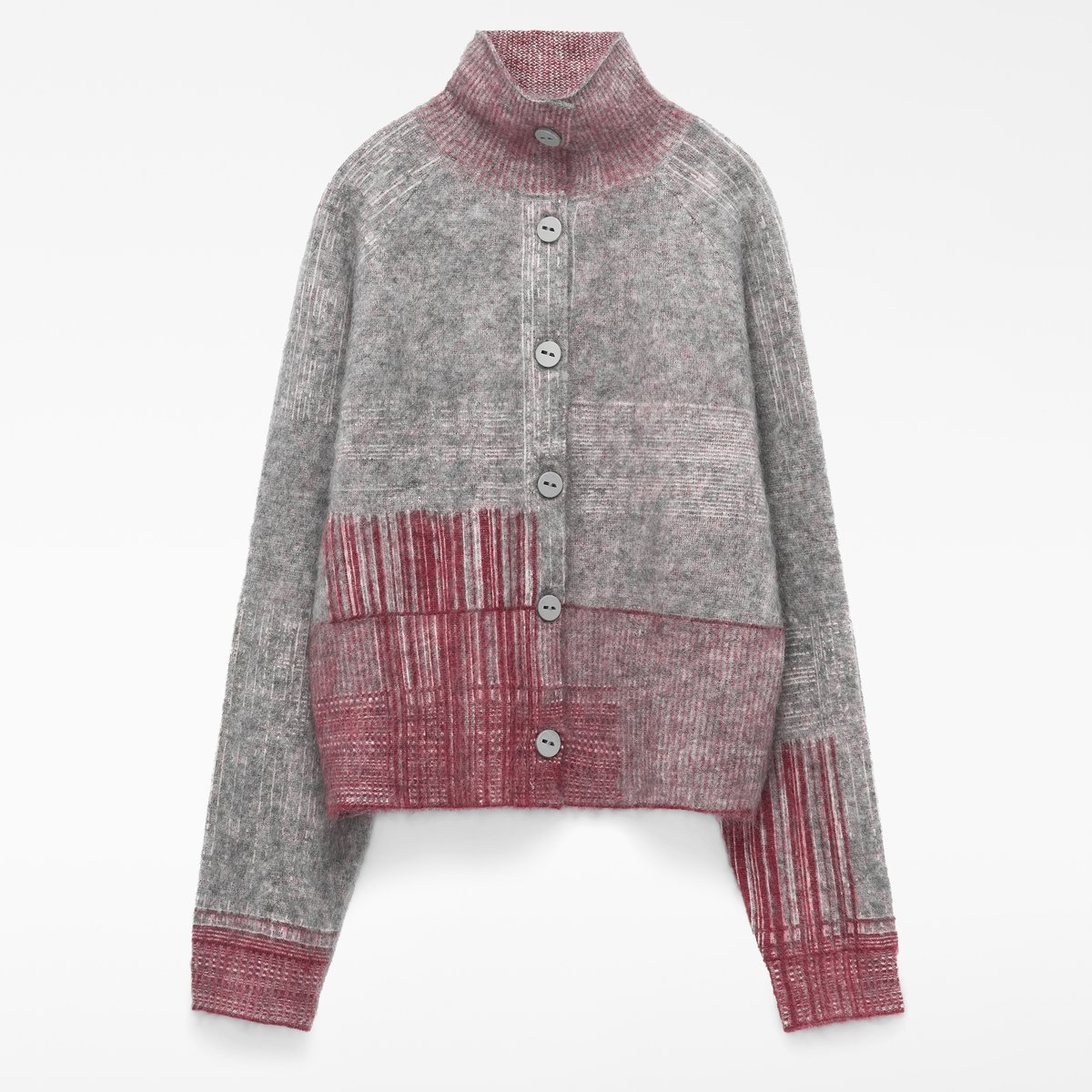 Cardigan avec mohair et laine mérinos en jacquard grenat/gris, ADOLFO DOMINGUEZ