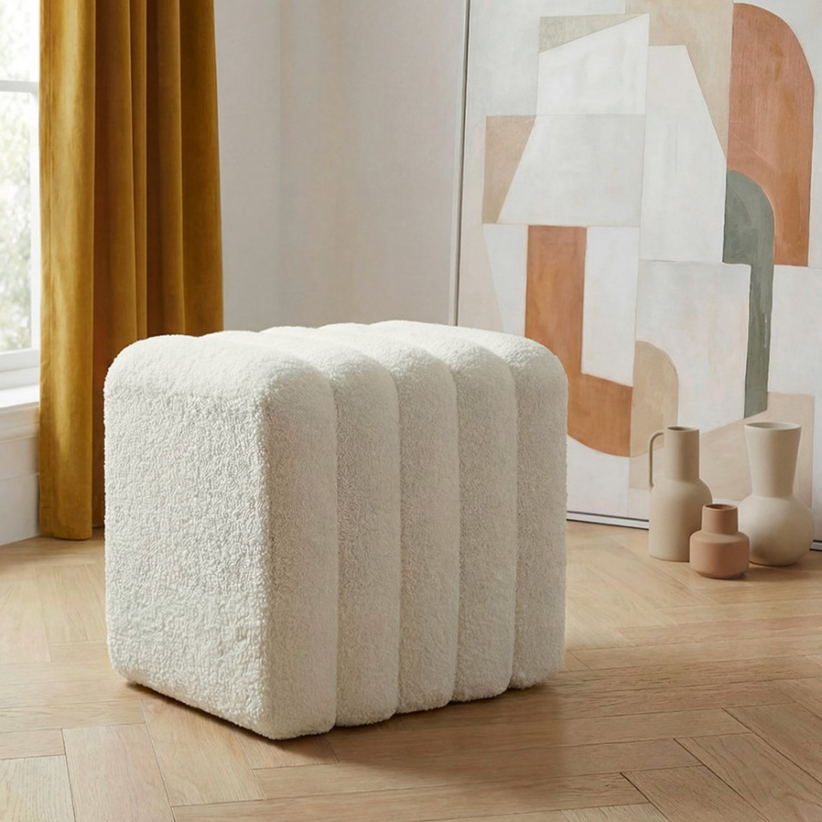 Pouf rembourré en tissu bouclette- LETO blanc, DRAWER