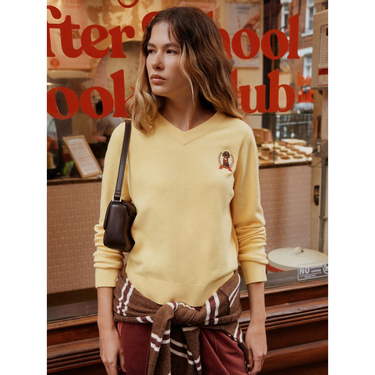 Pull ultra-doux à manches longues et col v chien jaune brodé, NEXT
