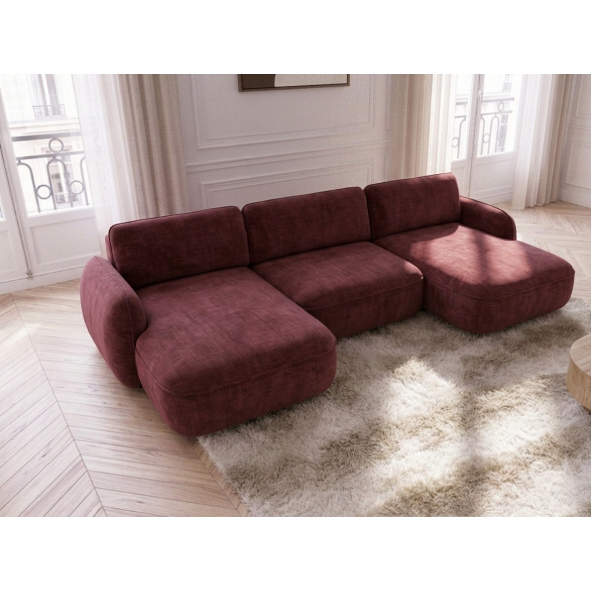 Canapé panoramique convertible 4 places en tissu chenille, CELESTE rouge, BOBOCHIC