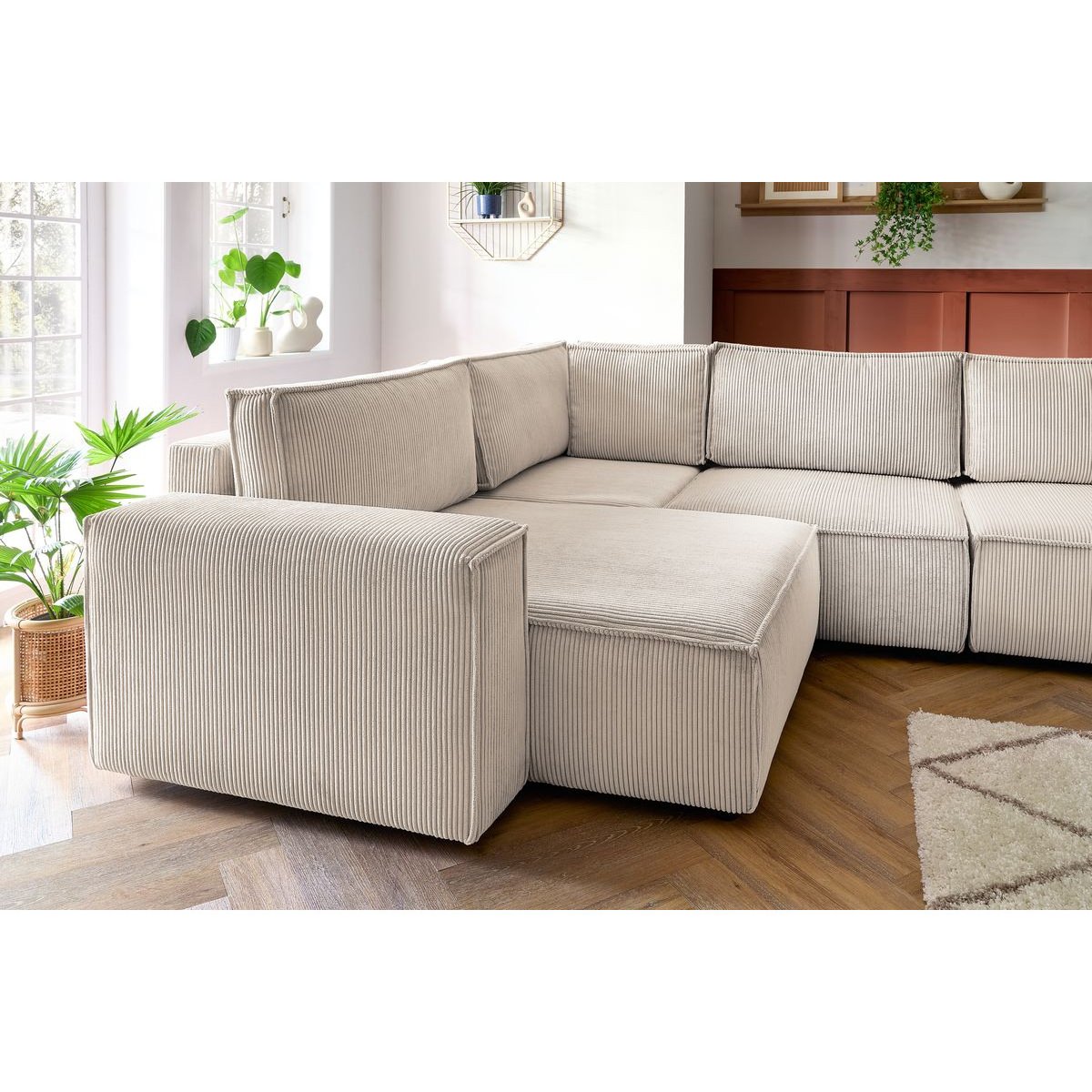 Canapé modulable 6 places en velours côtelé, NIHAD beige, BOBOCHIC