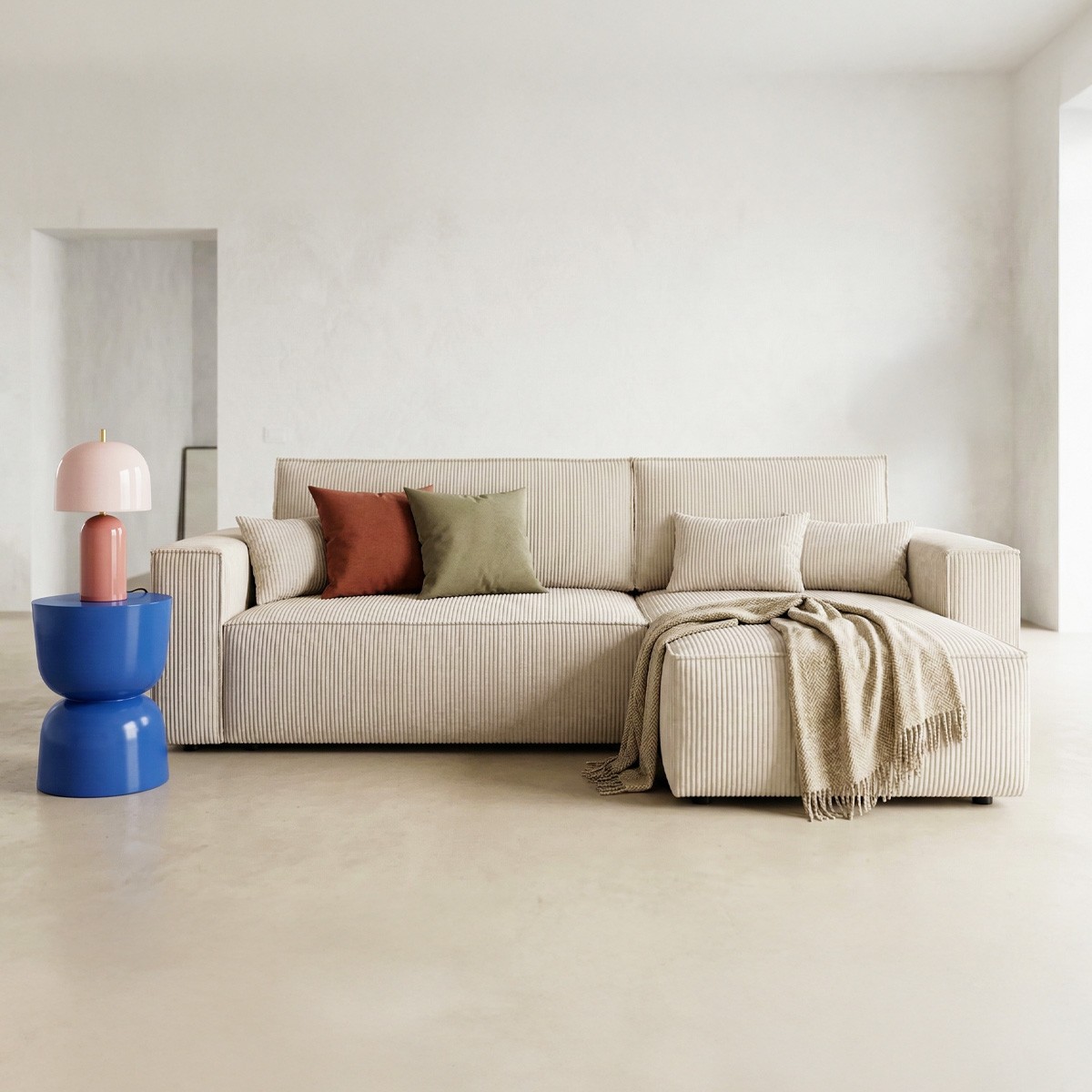 Canapé d'angle convertible 4 places en velours côtelé - LIVIA beige, HOMIFAB