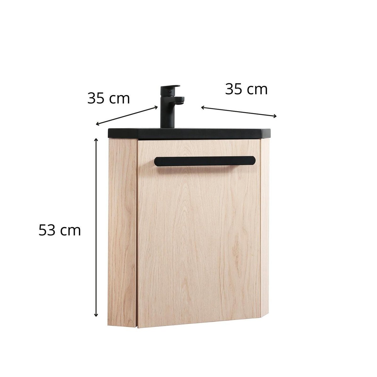 Meuble lave-mains d'angle suspendu SKINO décor chêne (vasque noire), MOB IN