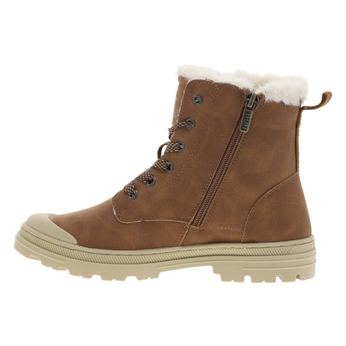 Bottines cognac à talon décroché bas avec des lacets plats et un zip cognac, MUSTANG