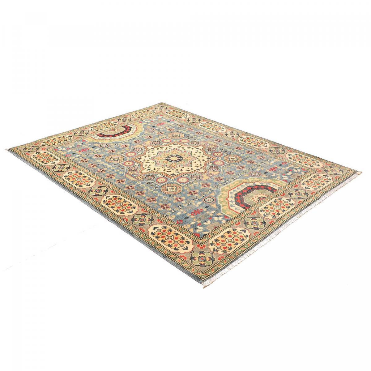 Tapis salon, motif géométrique noué main, laine naturelle, KAZAK CO 69 bleu, beige, rouge, UN AMOUR DE TAPIS